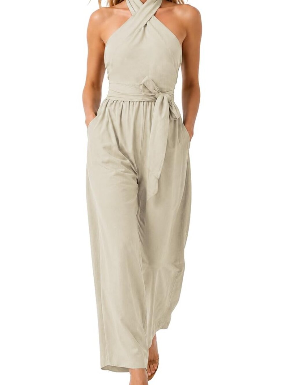 Womens Halter Jumpsuit Backless Wide Leg Pants with Tie Waist Khaki